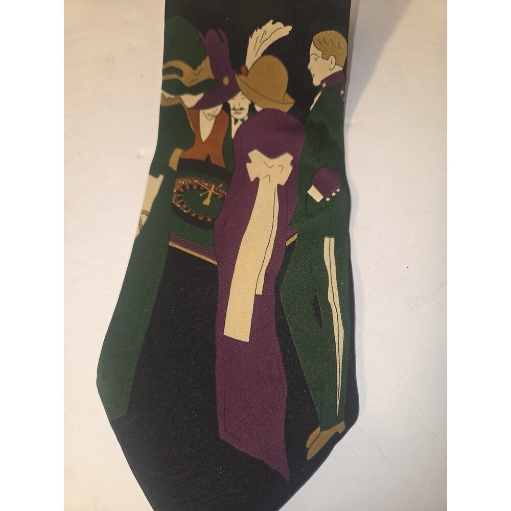 JT Beckett Men's Silk Tie Black Green Purple Tan Pictorial People Classic Length - Picture 2 of 7